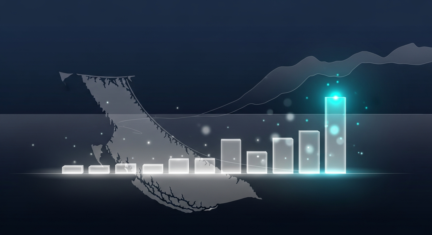 Abstract glowing bar chart with one rising bar against a British Columbia mountain silhouette