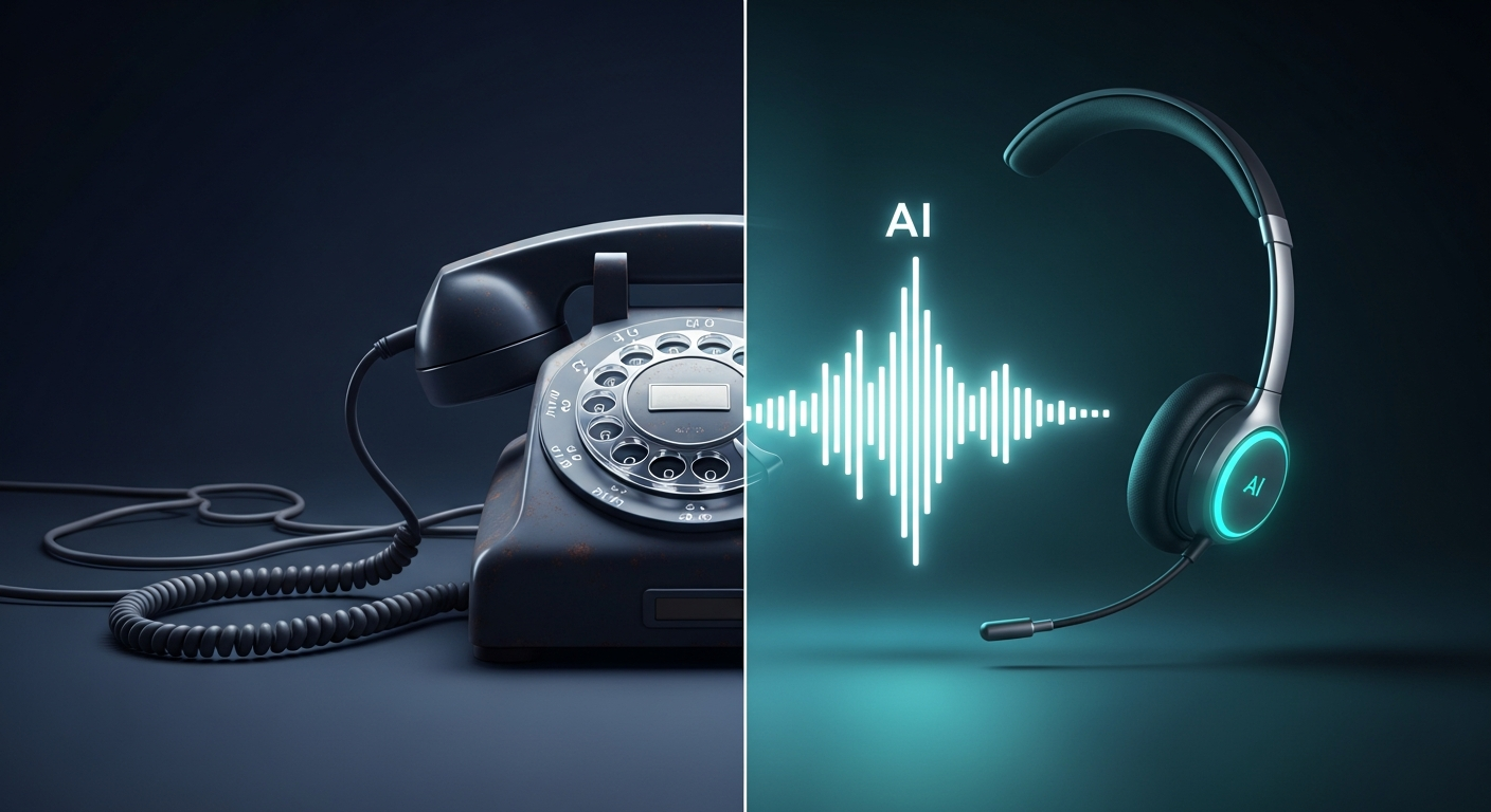 Visual contrast between an old rotary phone and a modern AI-powered voice waveform