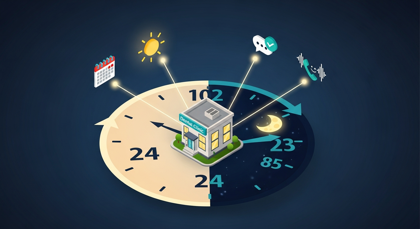 Isometric dental clinic surrounded by a day-night cycle with icons for scheduling, text confirmations, and voice interaction