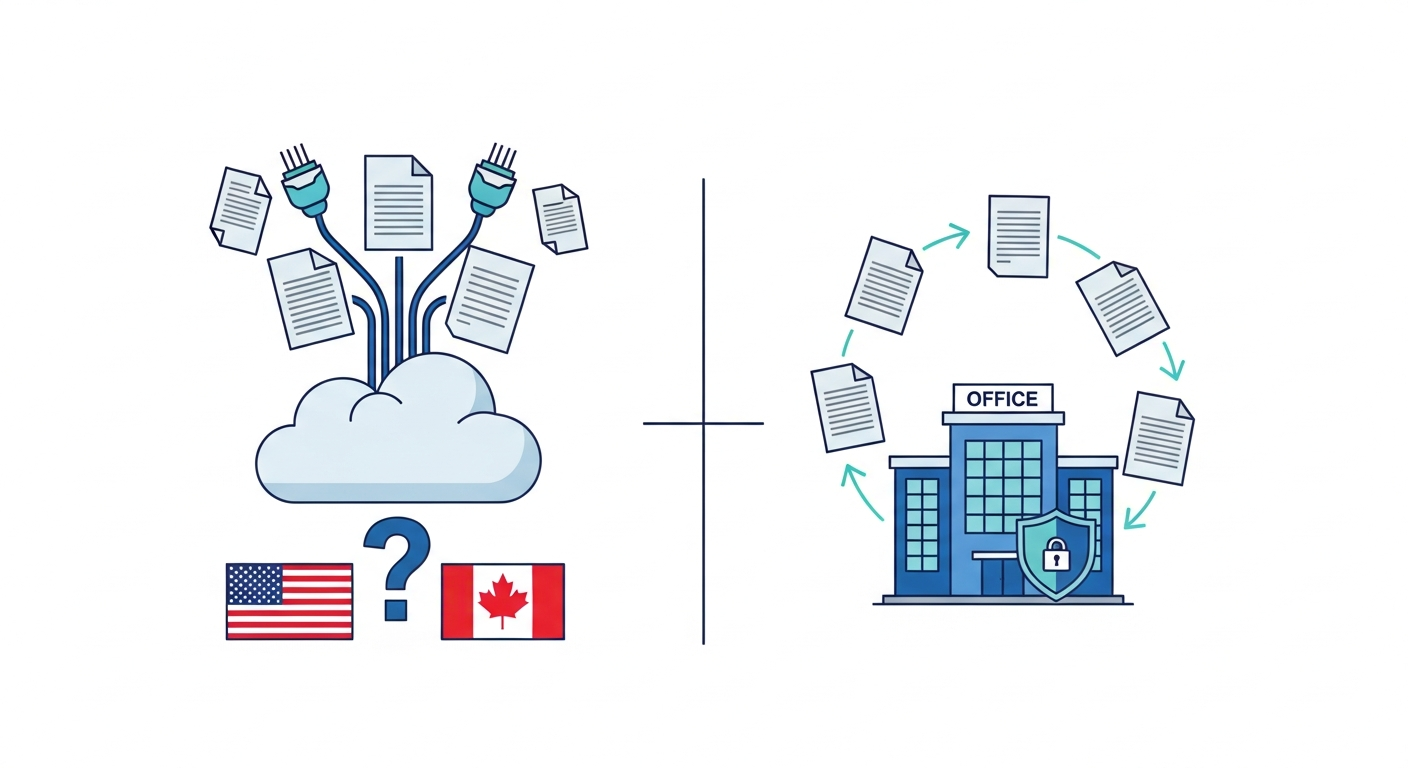 Infographic showing data flowing to foreign cloud servers versus staying within a local office