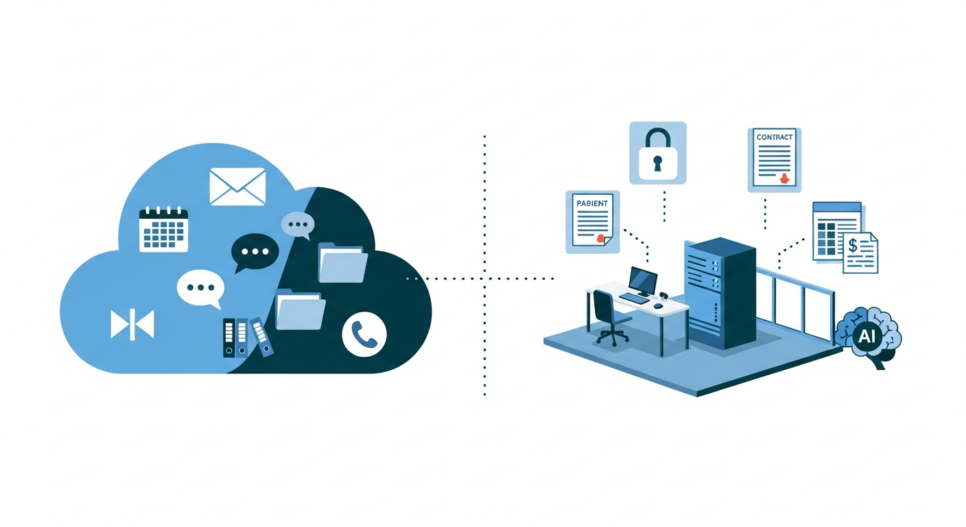 Diagram showing everyday tools in the cloud and sensitive workloads on local hardware