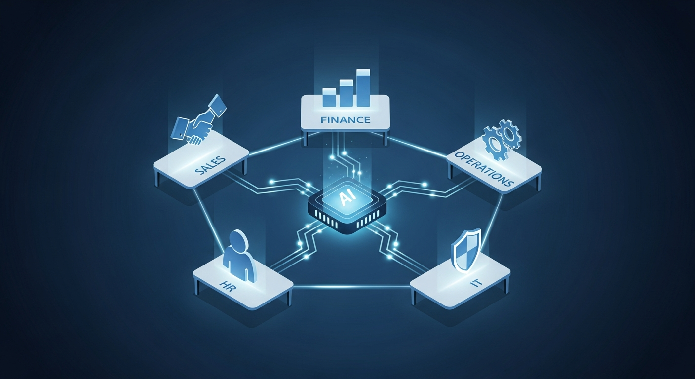 Five department icons connected to a central AI hub representing cross-business Copilot integration