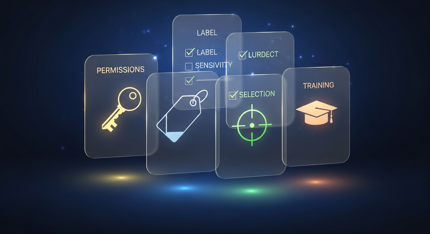 Four floating checklist cards with icons representing permissions, sensitivity labels, user targeting, and training
